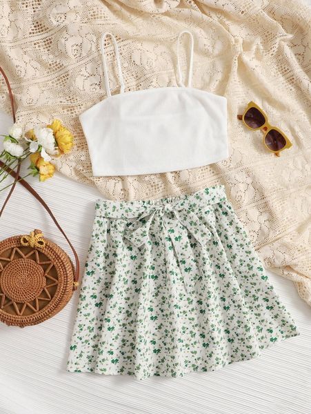 

crop cami & ditsy floral skirt set m2ms#, White