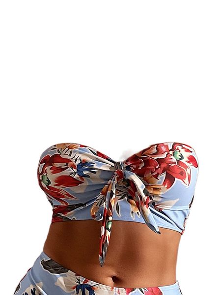 

floral knot front bandeau bikini 87zj#, White;black