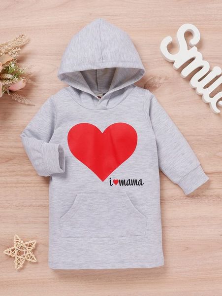 

baby slogan and heart print kangaroo pocket hoodie dress she, Black
