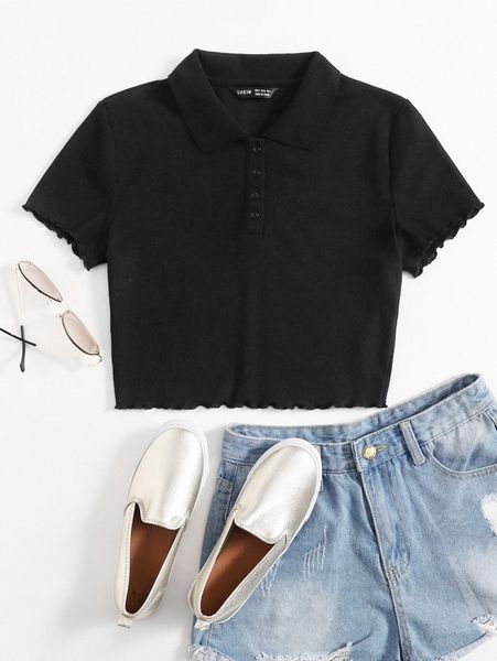 

lettuce trim polo collar crop tee a293#, White