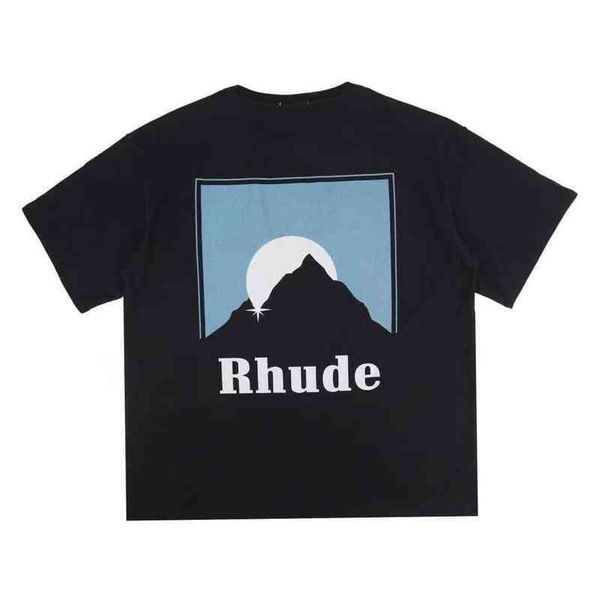 

designer high street rhude box sunset printed short sleeve t-shirt quality men and women orange blue fashion high-quality 001, White;black