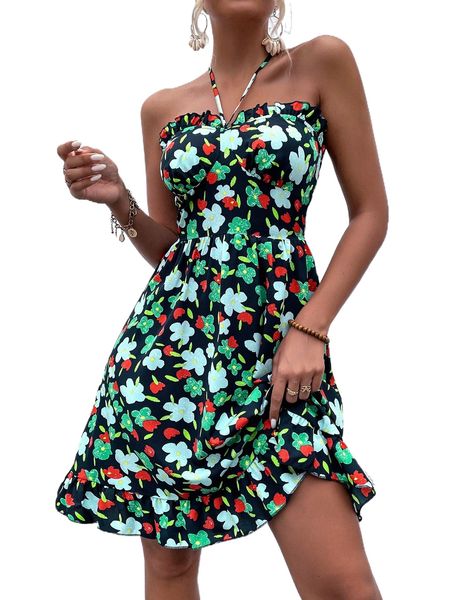 

allover floral print halter neck shirred backless ruffle hem dress 11nw#, Black;gray