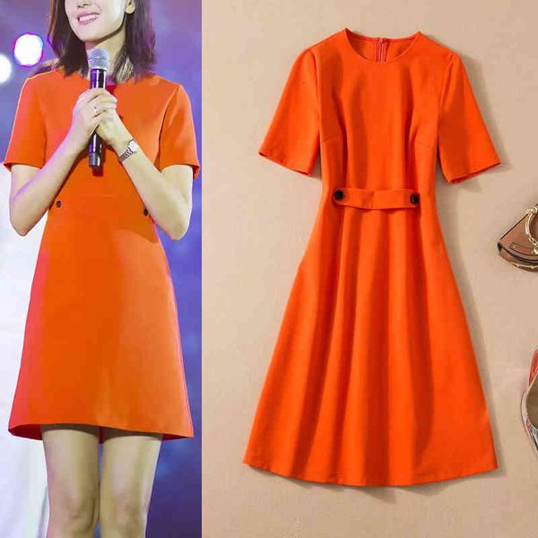 

casual dresses early spring celebrity women's dress round neck waist button short sleeved a-line, Black;gray