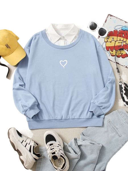 

colorblock heart print contrast collar sweatshirt h9r1#, Black