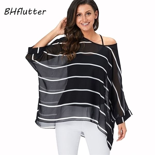 BHflutter 4XL 5XL 6XL Plus Size Camicetta Camicia Donna Stampa a righe Estate Top Tees Manica a pipistrello Camicette in chiffon casual 210326