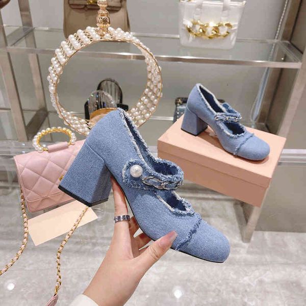 

dress shoes spring and summer round head pearl buckle metal chain thick heel mary jane single shoes women's fashion high heels, Black