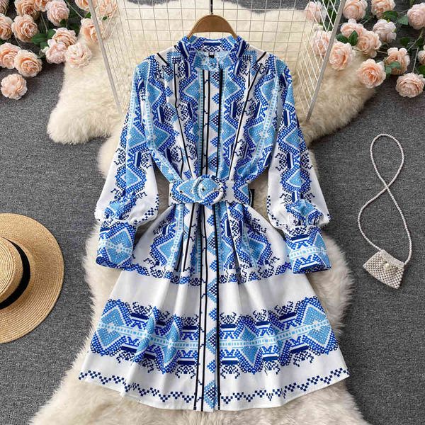 

casual dresses wind printed a-line short skirt autumn small stand collar single breasted lantern sleeve lace up dress ztij, Black;gray