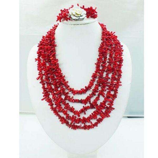 

5 row handmade amazing real branch red coral necklace and bracelet, Silver