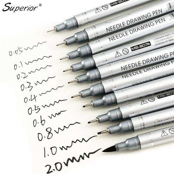 Superior 10pcs preto micron neelde desenho caneta de pigmentos à prova d'água Pen do marcador de linha fine