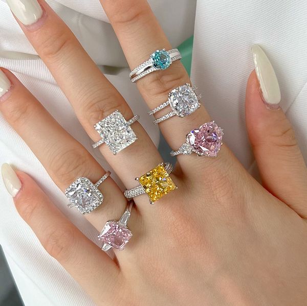 

luxurious designer jewelry zirconia real 925 sterling silver ring for woman heart sqaure circle white pink blue love diamond ring wedding ri, Slivery;golden