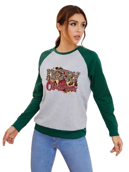 

christmas & slogan print raglan sleeve sweatshirt a0gi#, Black