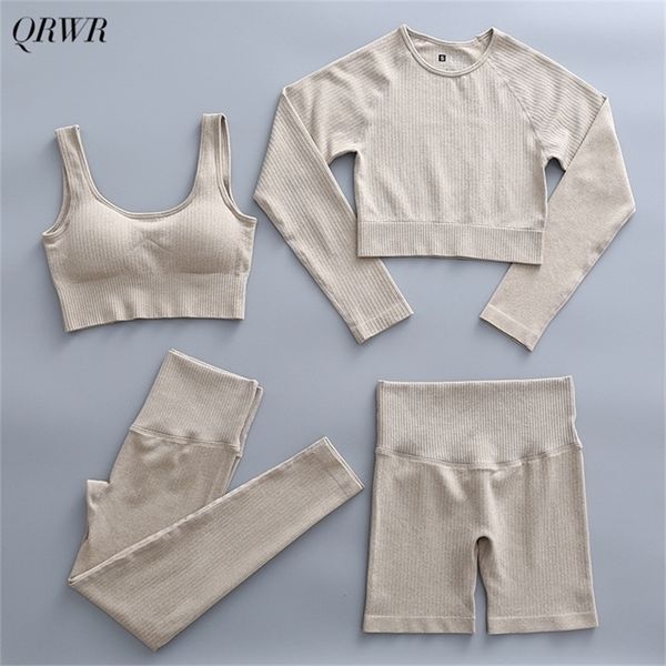 

2/4pcs set women's sportswear seamless yoga fitness long sleeve crop bra high waist leggings s suits 220330, Gray