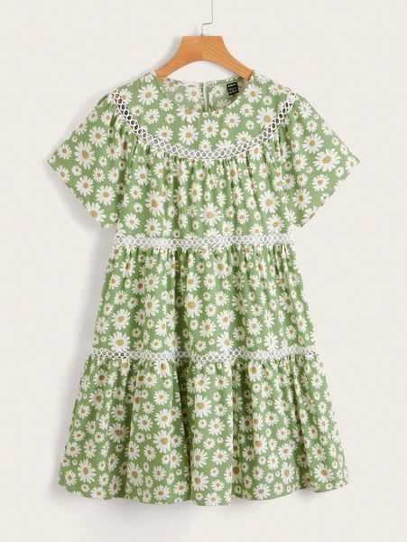 

floral print guipure lace insert keyhole back dress c2w5#, Black;gray