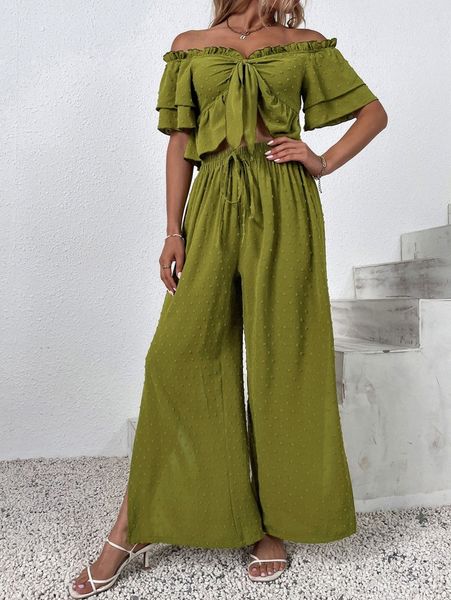 

swiss dot knot front crop & split thigh wide leg pants r3pt#, White