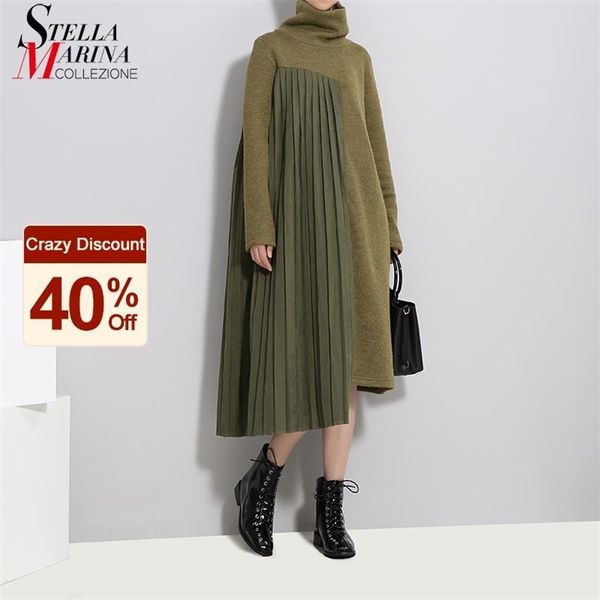 Nuovo inverno donna verde maglione pieghettato abito patchwork di lana manica lunga dolcevita signora casual stile irregolare abito abito 210325