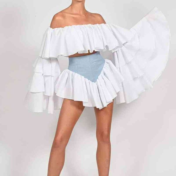 

women's two piece pants off shoulder high waist miniskirt two-piece chiffon blouse pleated skirt, White