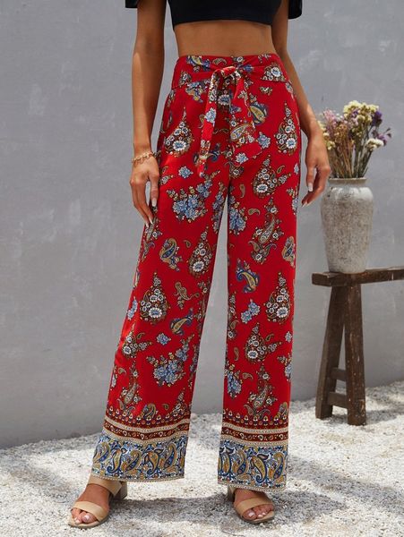 

floral & paisley print knot front wide leg pants a44g#, Black;white
