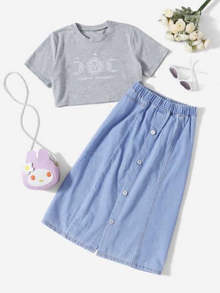 

girls letter & sun print tee & single breasted skirt she, White