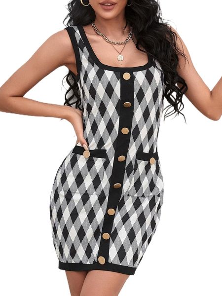 

argyle print dual pocket fake button bodycon dress w63q#, Black;gray