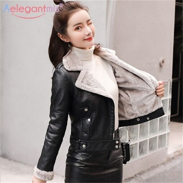 

aelegantmis faux fur coat women leather jacket autumn winter warm plush thick outerwear ladies wool fur collar basic jackets 201224, Black