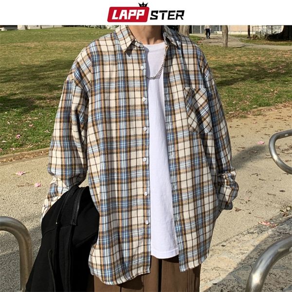 

lappster mens harajuku plaid vintage shirts 2020 man japanese streetwear pockets shirts long sleeve male casual button up shirt lj200925, White;black