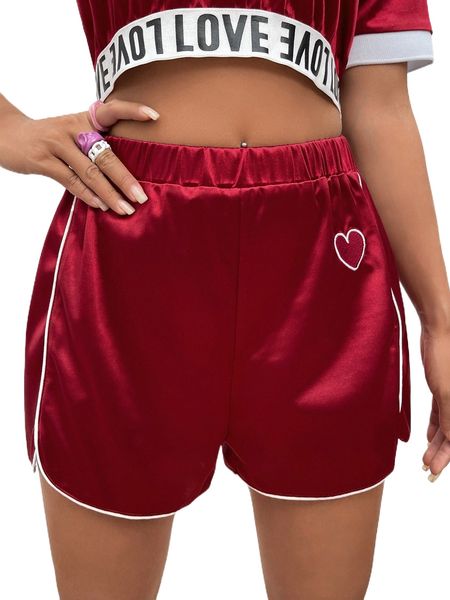

heart embroidery contrast piping satin shorts 89i3#, White;black