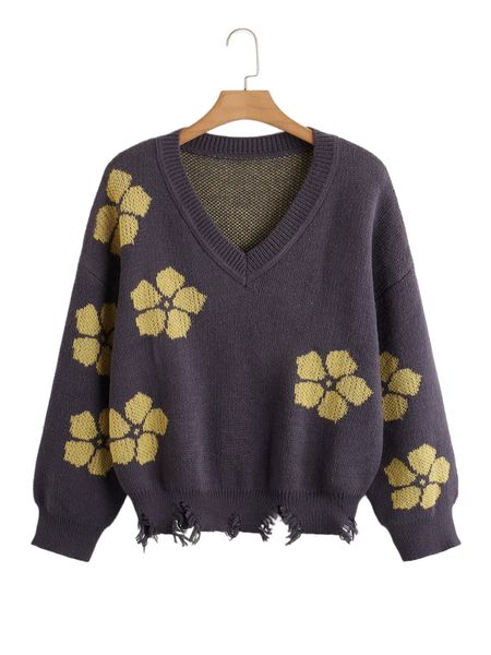 

plus star pattern drop shoulder distressed sweater v0bi#, Black