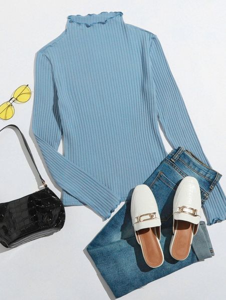 

mock neck lettuce trim rib-knit tee b4it#, White