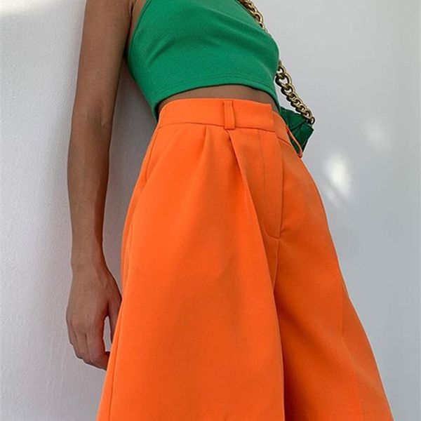 

summer orange wide up shorts women fashion green high waisted office ladies short pants casual street female clothing 220518, White;black
