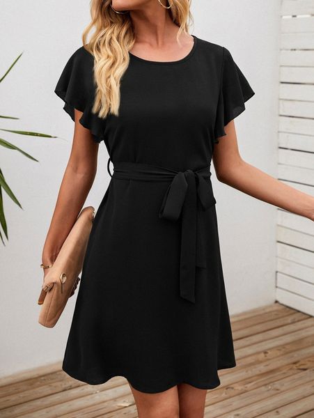 

solid butterfly sleeve belted tunic dress 56gd#, Black;gray