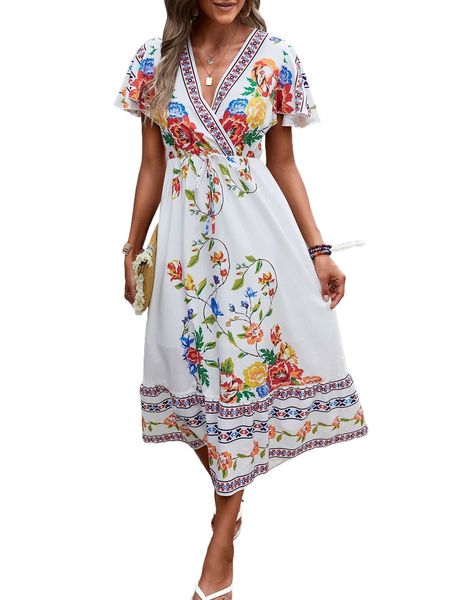 

floral print overlap collar flutter sleeve tie front dress 34t2#, Black;gray