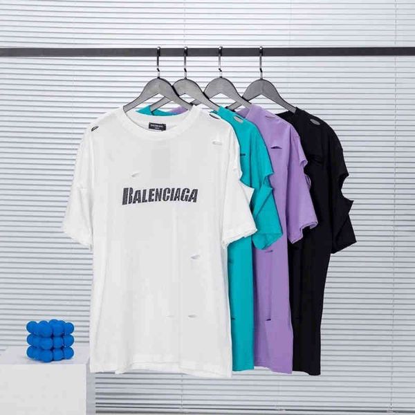 

2022 designer bal t shirt paris home art hole cracked short sleeve t-shirt men's casual short sleeve and wo same lover's style, White;black