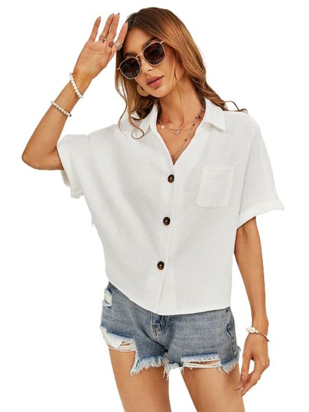 

button front pocket patched batwing sleeve blouse n3ys#, White