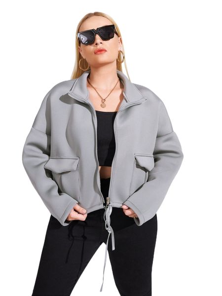 

plus drop shoulder drawstring jacket d1ri#, Black