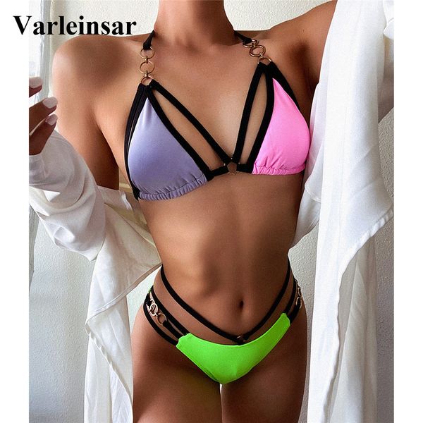 

2022 new splicing halter strappy bikini female swimsuit women swimwear two-pieces bikini set bather bathing suit swim v3068, White;black