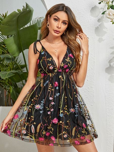 

floral embroidery tie shoulder backless mesh dress v04j#, Black;gray
