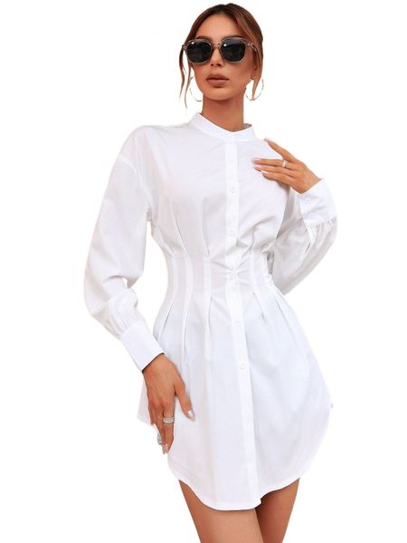 

drop shoulder fold pleated curved hem blouse 54sm#, White
