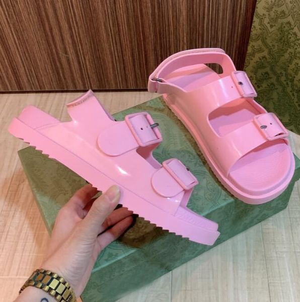 

2022 luxury designer jelly sandals studded rubber slippers ouverture heel velcro adjustment buckle women sandals height 4cm party, Black