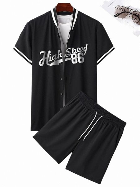 

men letter graphic striped trim shirt & shorts without tee s1bd#, Gray