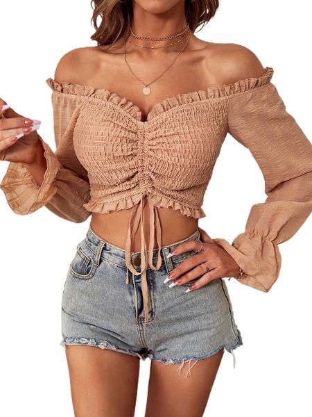 

off shoulder frill trim flounce sleeve drawstring shirred crop blouse s8se#, White