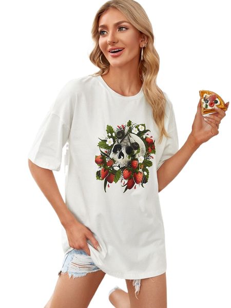 

x monkah floral & strawberry print drop shoulder tee 84gs#, White