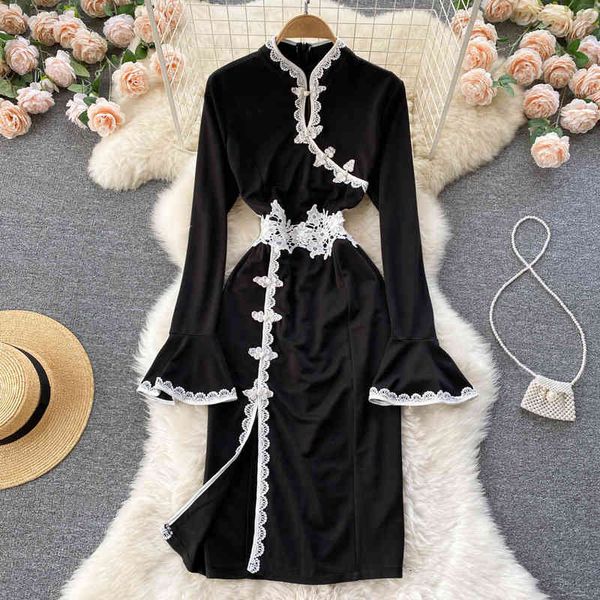 

casual dresses improved cheongsam style young lace hollowed out stand collar slim fit flared sleeve temperament split dress ogx7, Black;gray