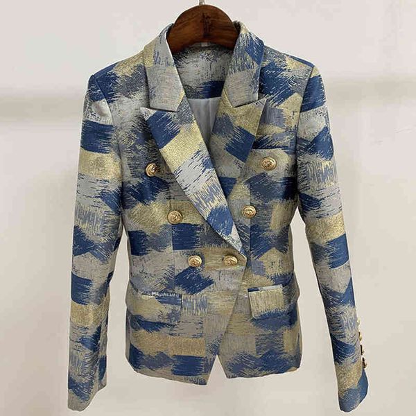

2019 female classic metal doublebreasted buckle gold line jacquard slim suit office formal women blazers jacket j220813, White;black