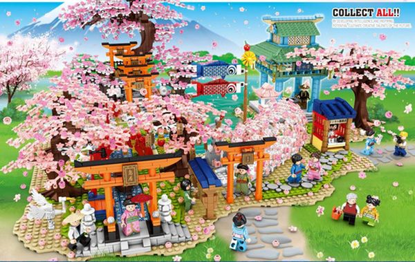 Commercio all'ingrosso SEMBO Sakura Kit idee Città Cherry Blossom Giapponese Sakura Tree House Mini Street View Modello Building Blocks Giocattoli per bambini