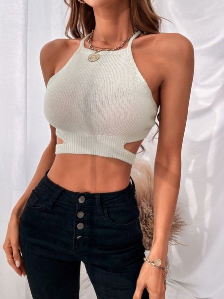 

crisscross backless knot crop halter knit u7h5#, White;black