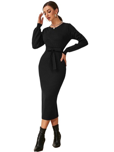 

ribbed knit belted bodycon sweater dress 74iq#, White;black