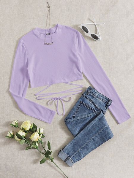 

solid crisscross knotted crop tee k07b#, White