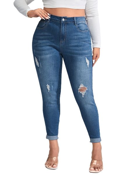 

plus high waist ripped skinny jeans x4ts#, Blue