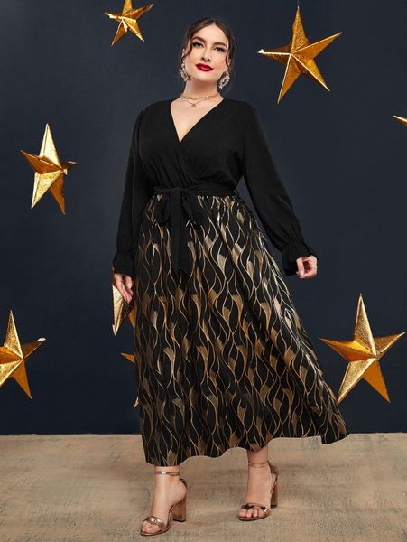 

plus gold geo print flounce sleeve belted dress h8dz#, Black