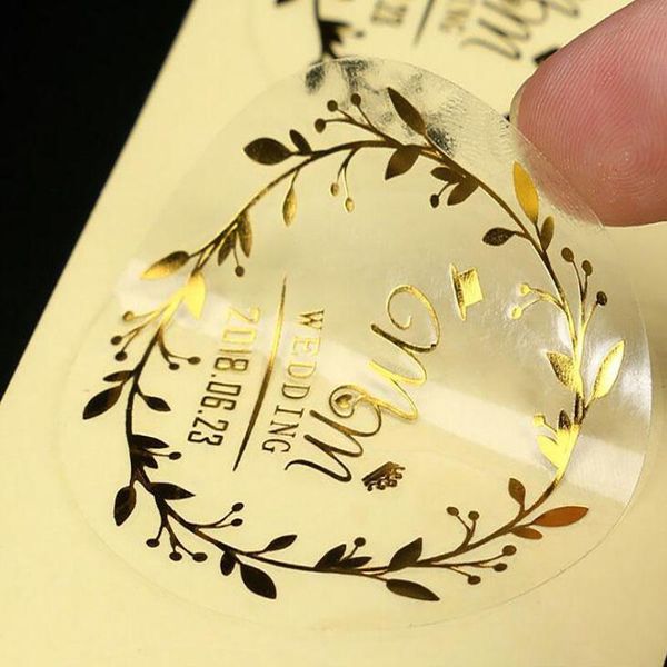 Decorazione per feste Adesivi personalizzati rotondi e di altre forme, lamina d'oro trasparente, nero, personalizza il tuo logo, usato per matrimoni, Gif
